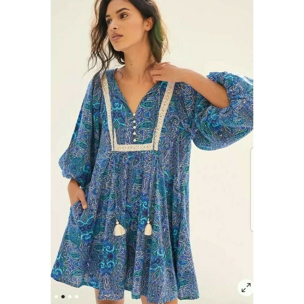 Anthropologie Lissa Romper Blue Paisley Print Puff-Sleeve sz M